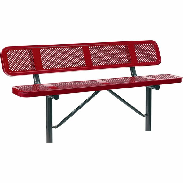 Global Industrial 6ft Outdoor Steel Bench w/ Backrest, Perforated Metal, In Ground Mount, Red 694557IRD